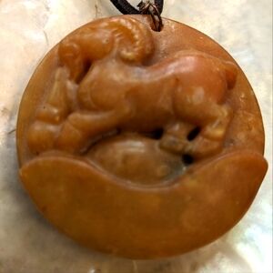 Large Antique Asian Pendant with Sculpture of Ram on Genuine Yellow Jade